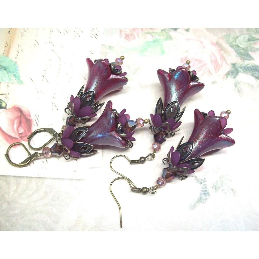 Art Nouveau Flower Earrings Dangle, Vintage Style, Bronze, Floral Jewelry, Hand